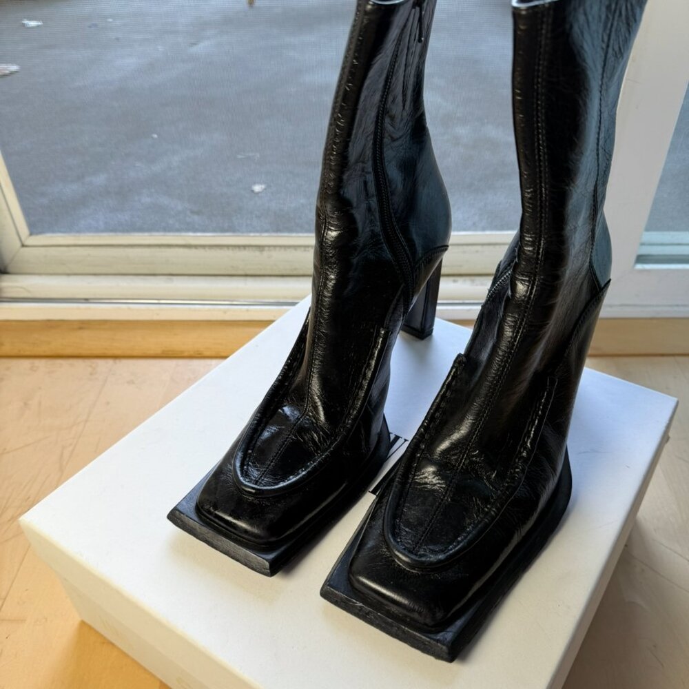 KNWLS Heeled Boots – Black Leather, Square Toe, Size 39 – Rare Find